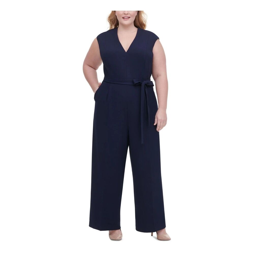 Tommy Hilfiger Womens Plus 14W Navy Blue Tie Waist Wide Leg Jumpsuit NWT AA26